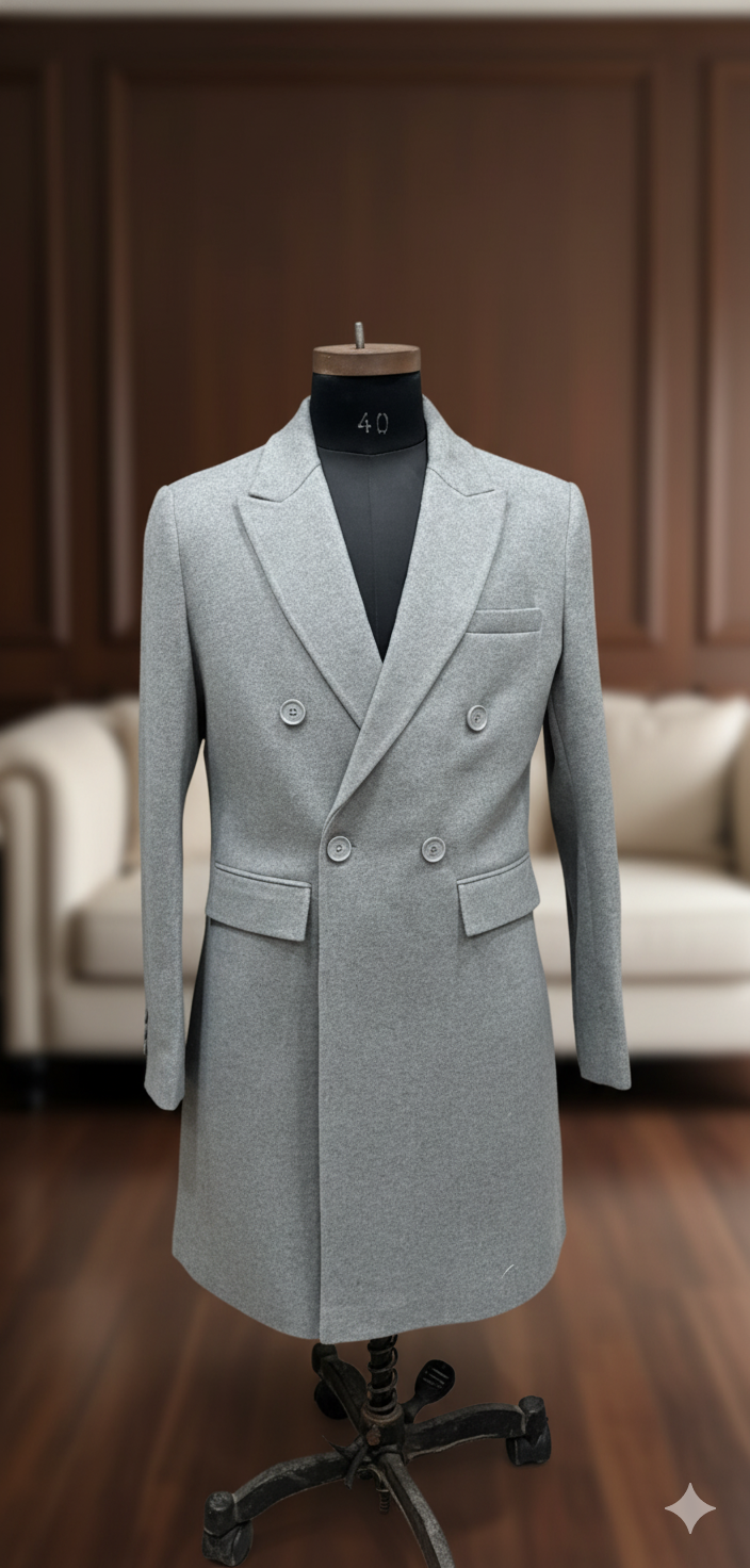 Men's Double-Breasted Grey Overcoat