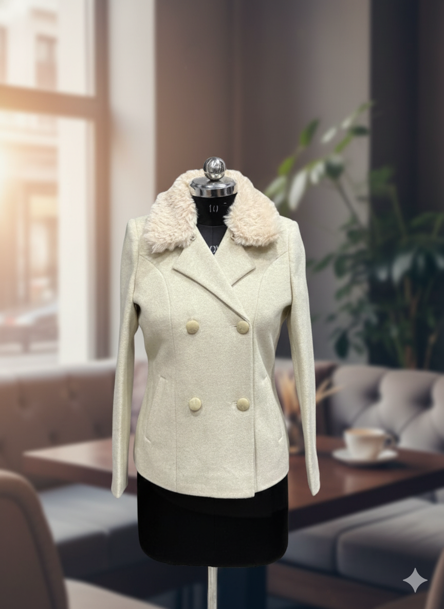 Women's cream double-breasted winter coat