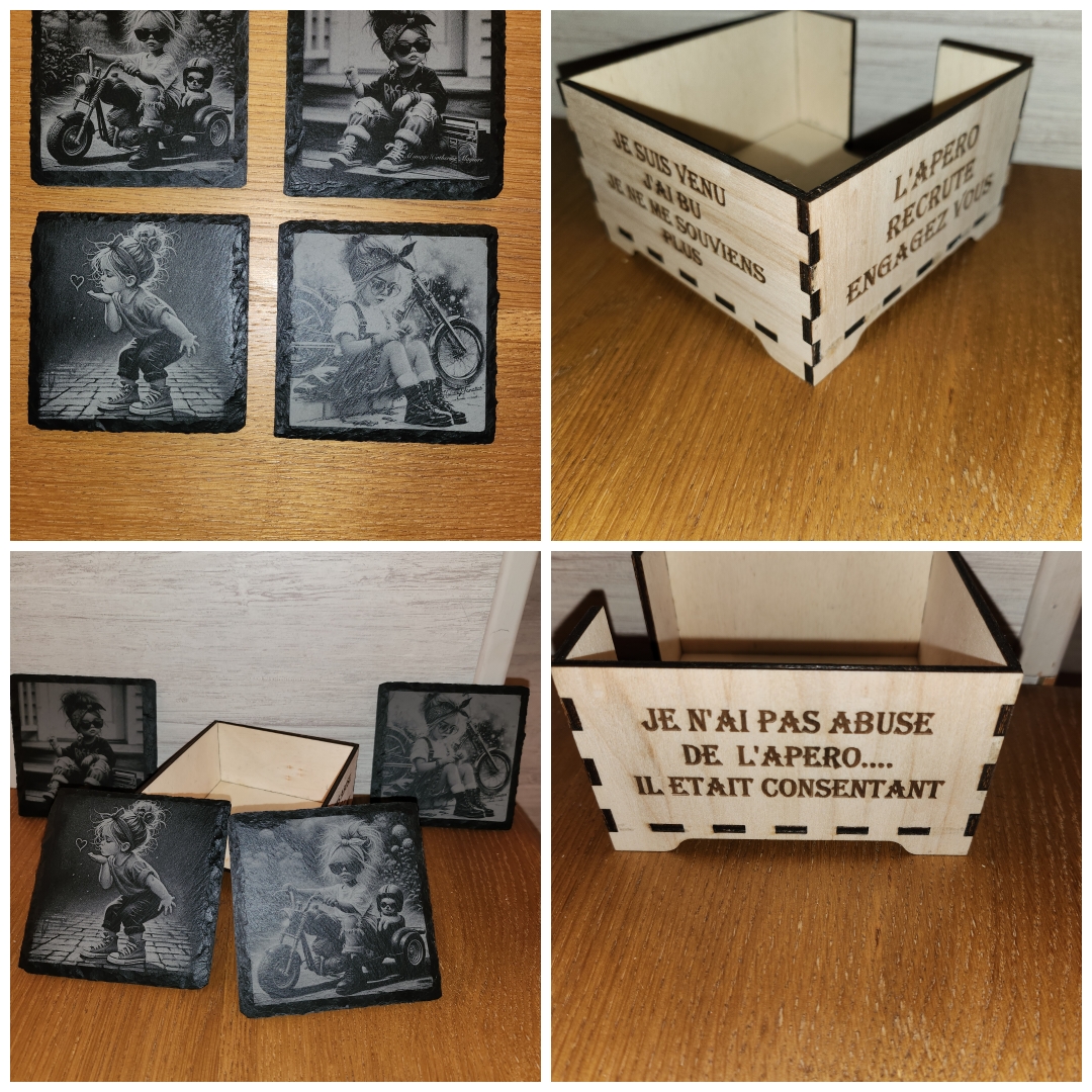 lot de 4 sous-verres en ardoises avec boîte de rangement en tilleul de 3mm