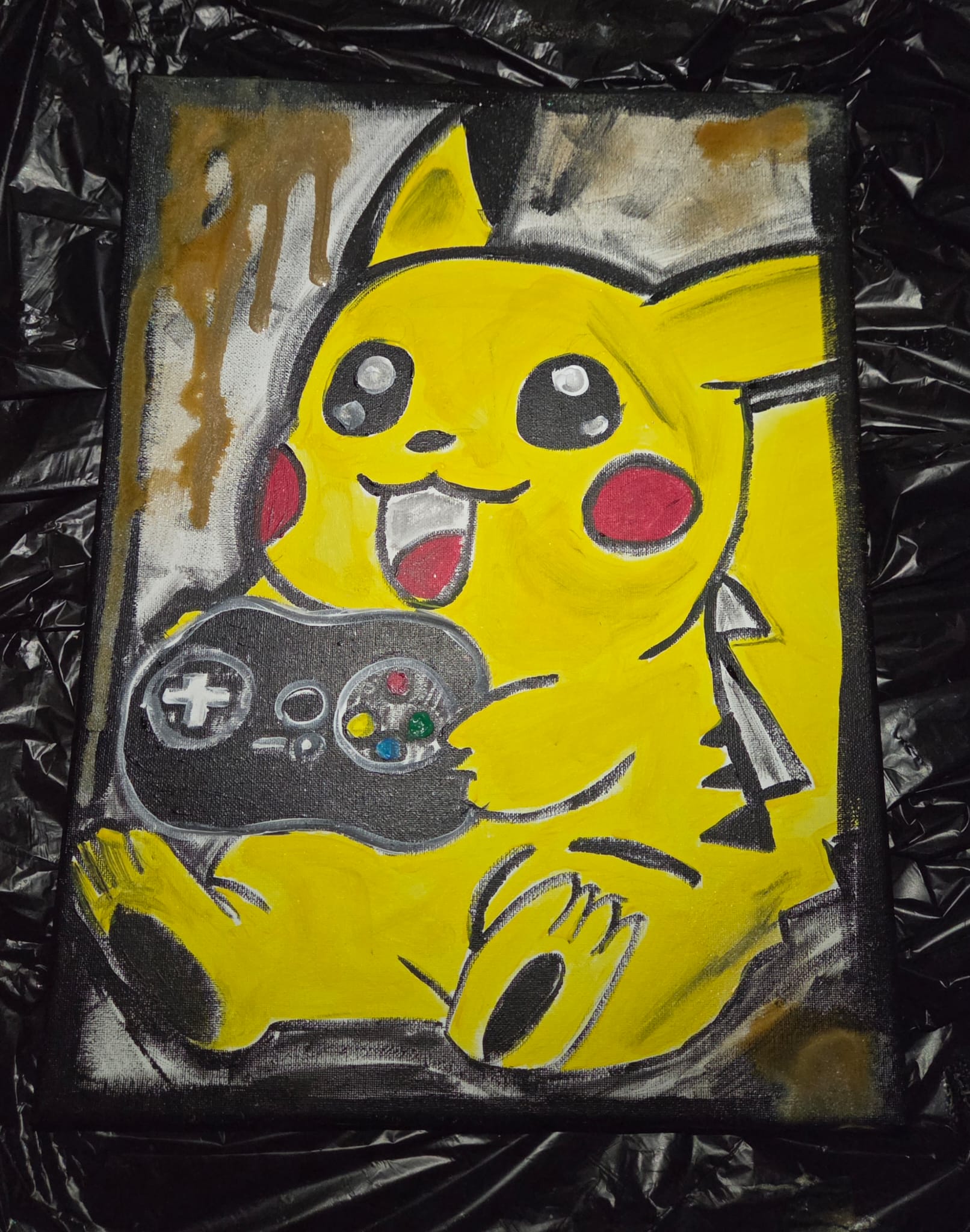 Gemälde Pikachu mit Spielcontroller