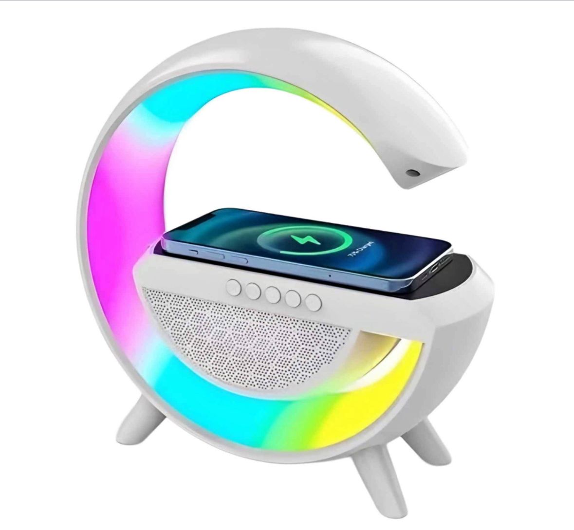 🌈 Cargador Inalámbrico 3 en 1 con Bocina Bluetooth y Luz Ambiental – Tecnología que Ilumina tu Espacio