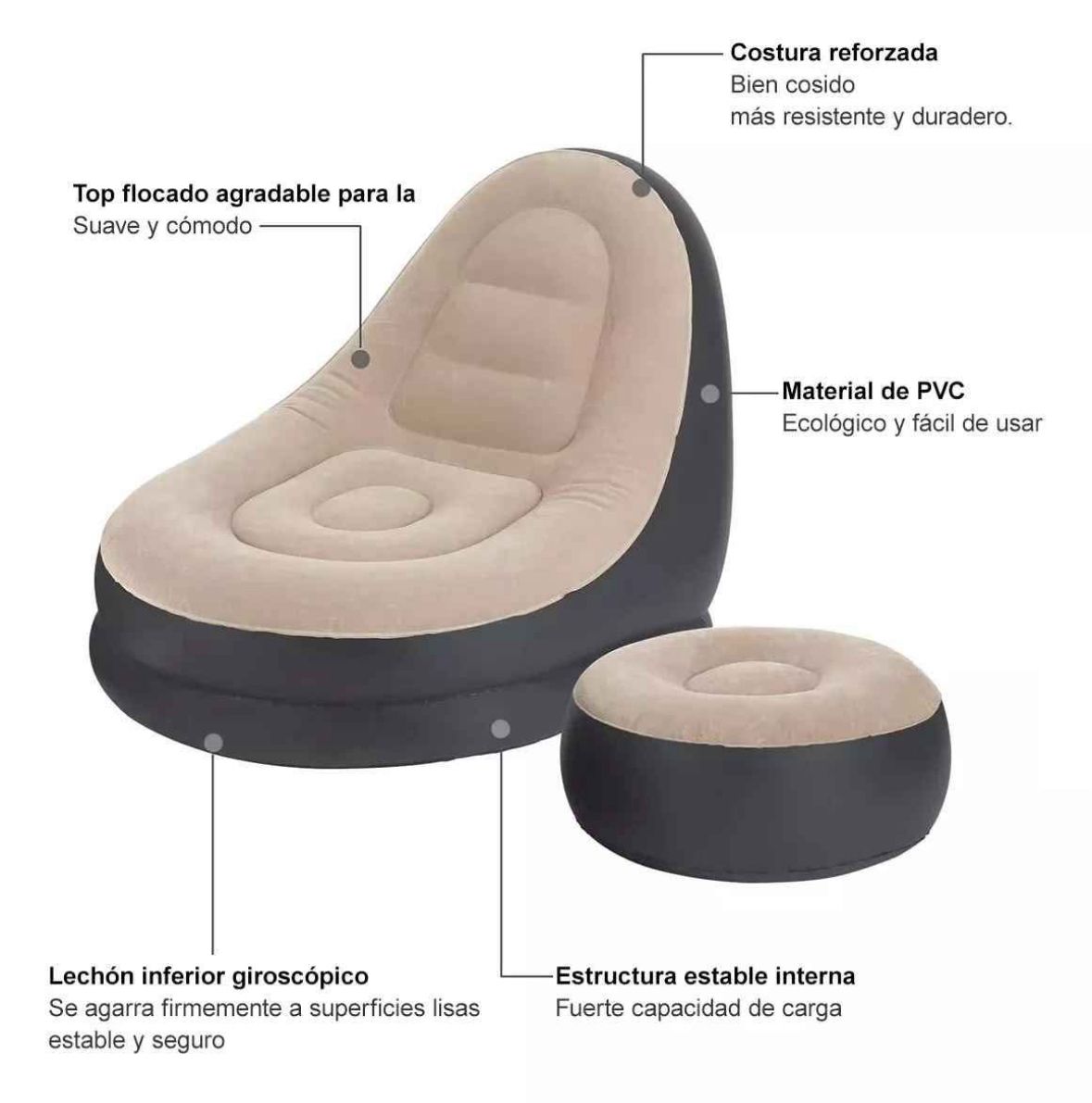 🛋️ Sillón Inflable con Reposapiés – Comodidad Portátil y Estilo Moderno