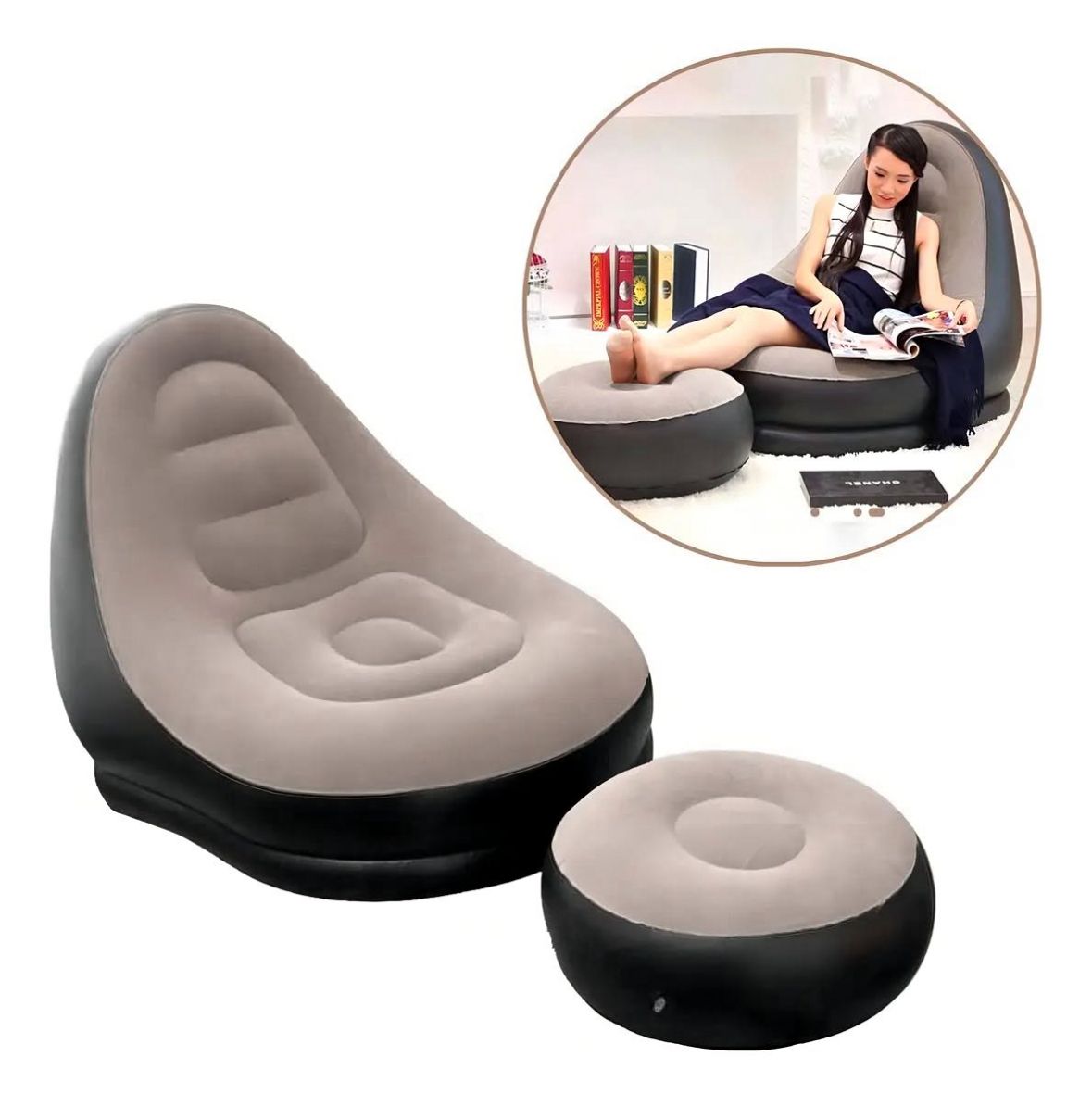 🛋️ Sillón Inflable con Reposapiés – Comodidad Portátil y Estilo Moderno