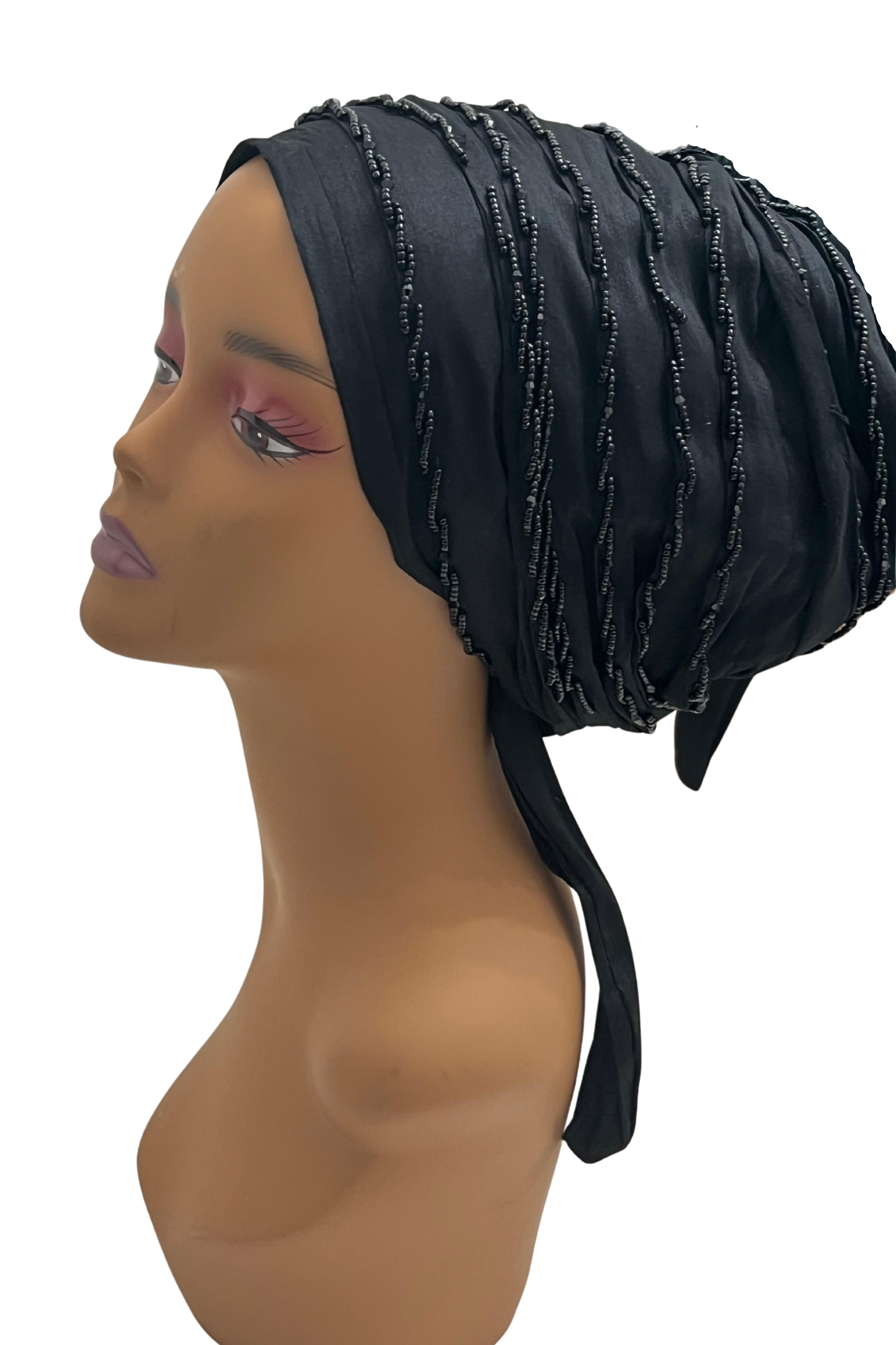 Midnight Black Beaded Turban