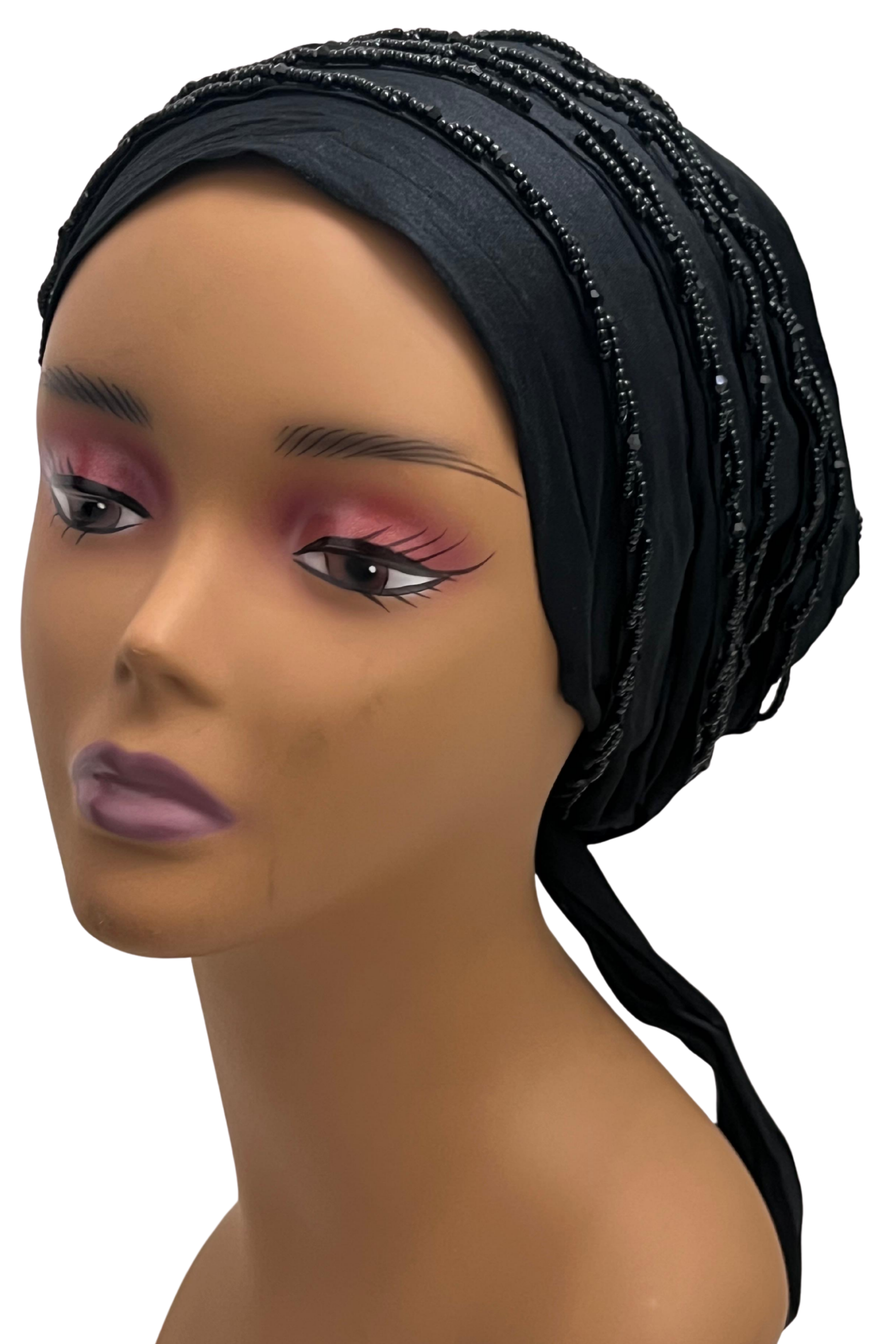 Midnight Black Beaded Turban