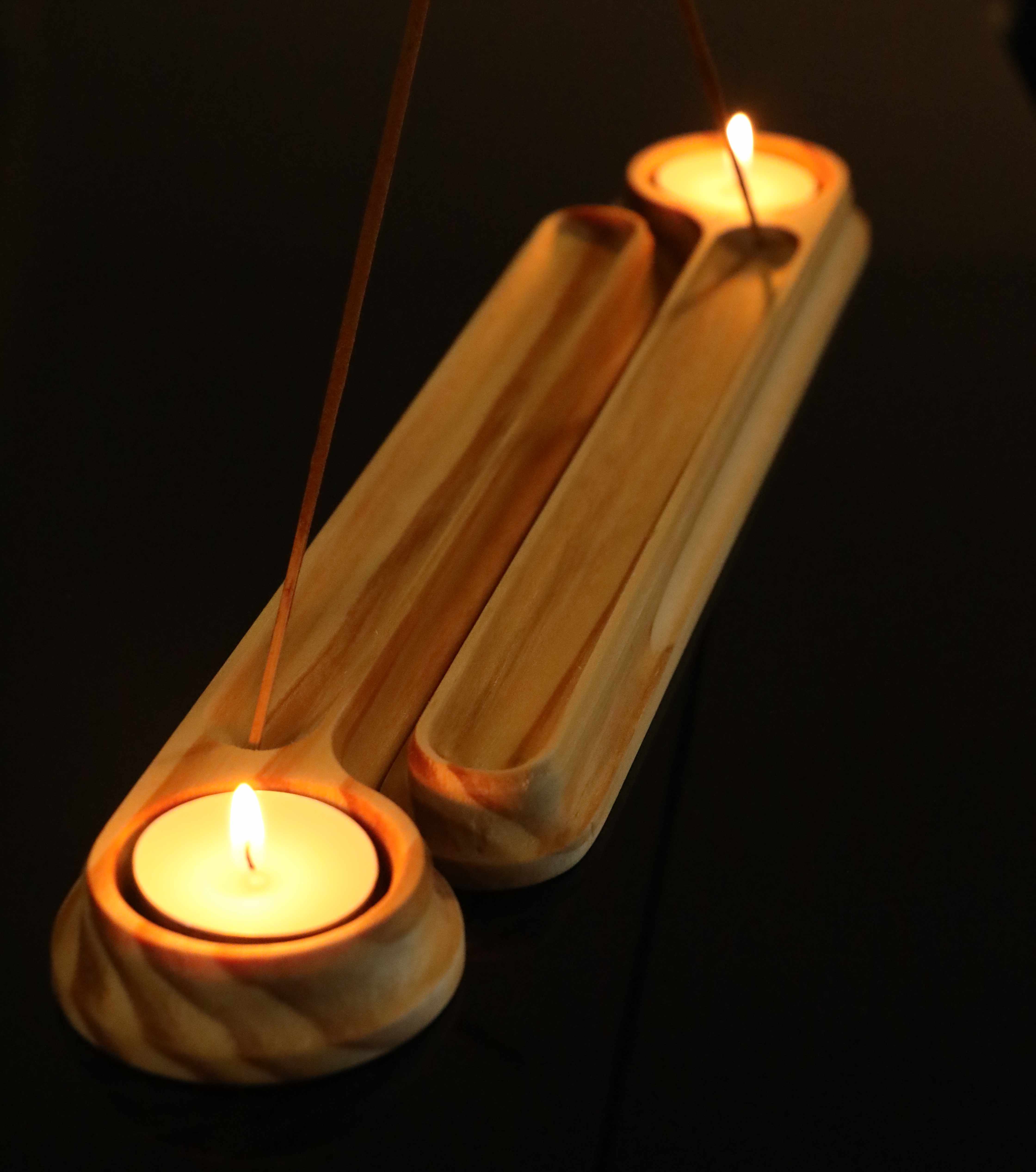 Wooden Candle and Incense Holder