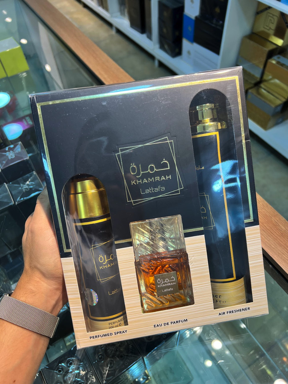 SET LATTAFA KHAMRAM UNISEX ( 3 PC )3.4 OZ EDP / 6.7 OZ DEO/ 10.10 OZ AIR FRESHENER