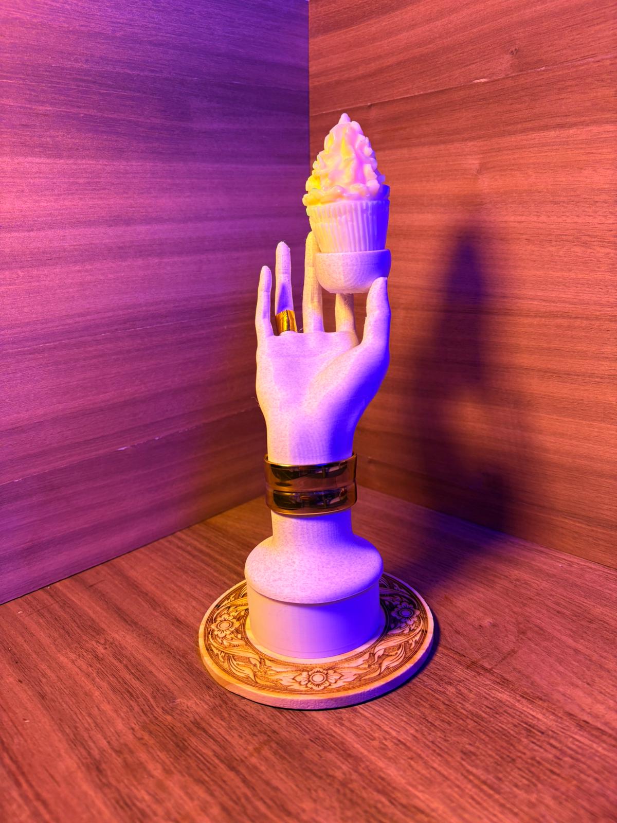 Elegant Hand Sculpture with Cupcake candle and wood engraved base