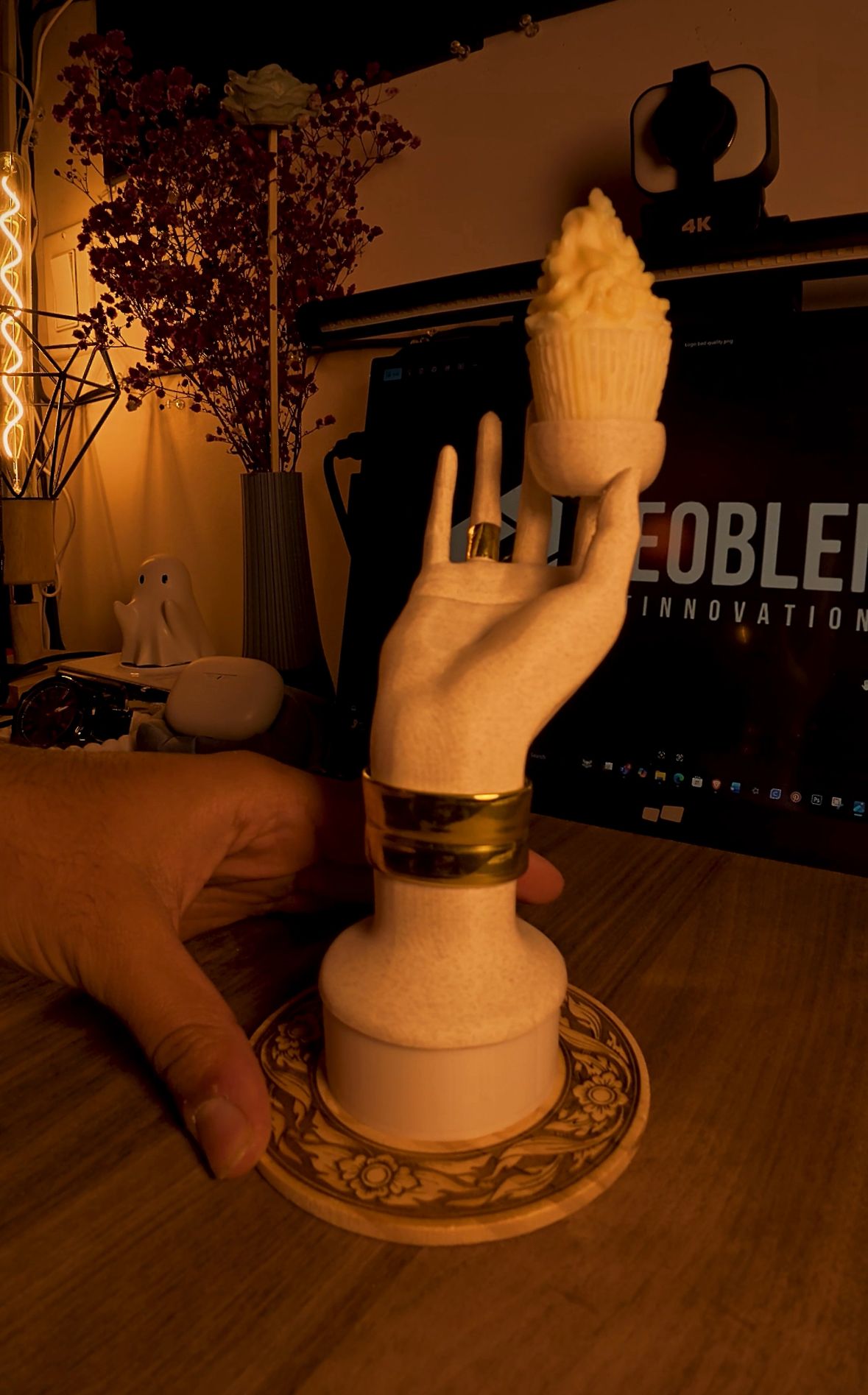 Elegant Hand Sculpture with Cupcake candle and wood engraved base