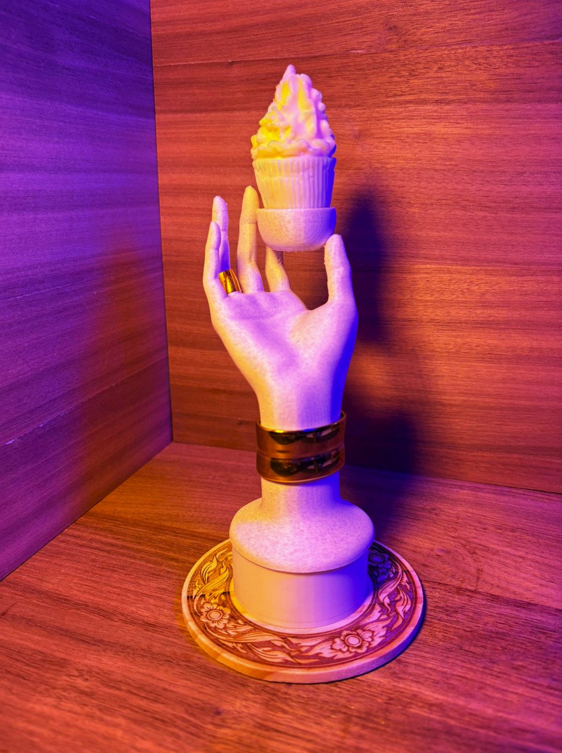 Elegant Hand Sculpture with Cupcake candle and wood engraved base