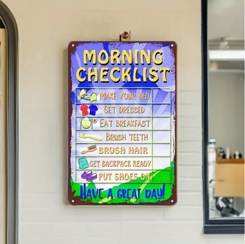 Kids Morning Routine Metal Sign – Visual Daily Checklist for Home & School Readiness
