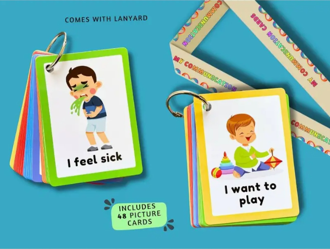 🗣️ Visual Communication Cards for Autism & Special Needs – 48 Durable AAC Picture Cards with Lanyard