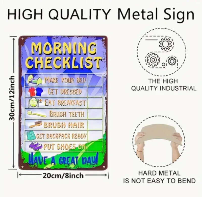Kids Morning Routine Metal Sign – Visual Daily Checklist for Home & School Readiness
