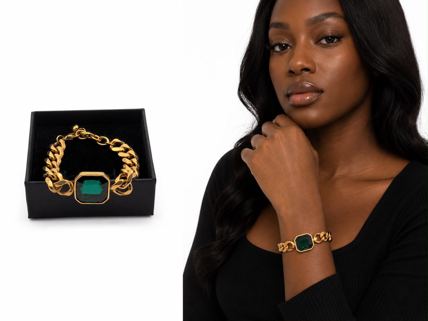 Gold chain bracelet with green gemstone