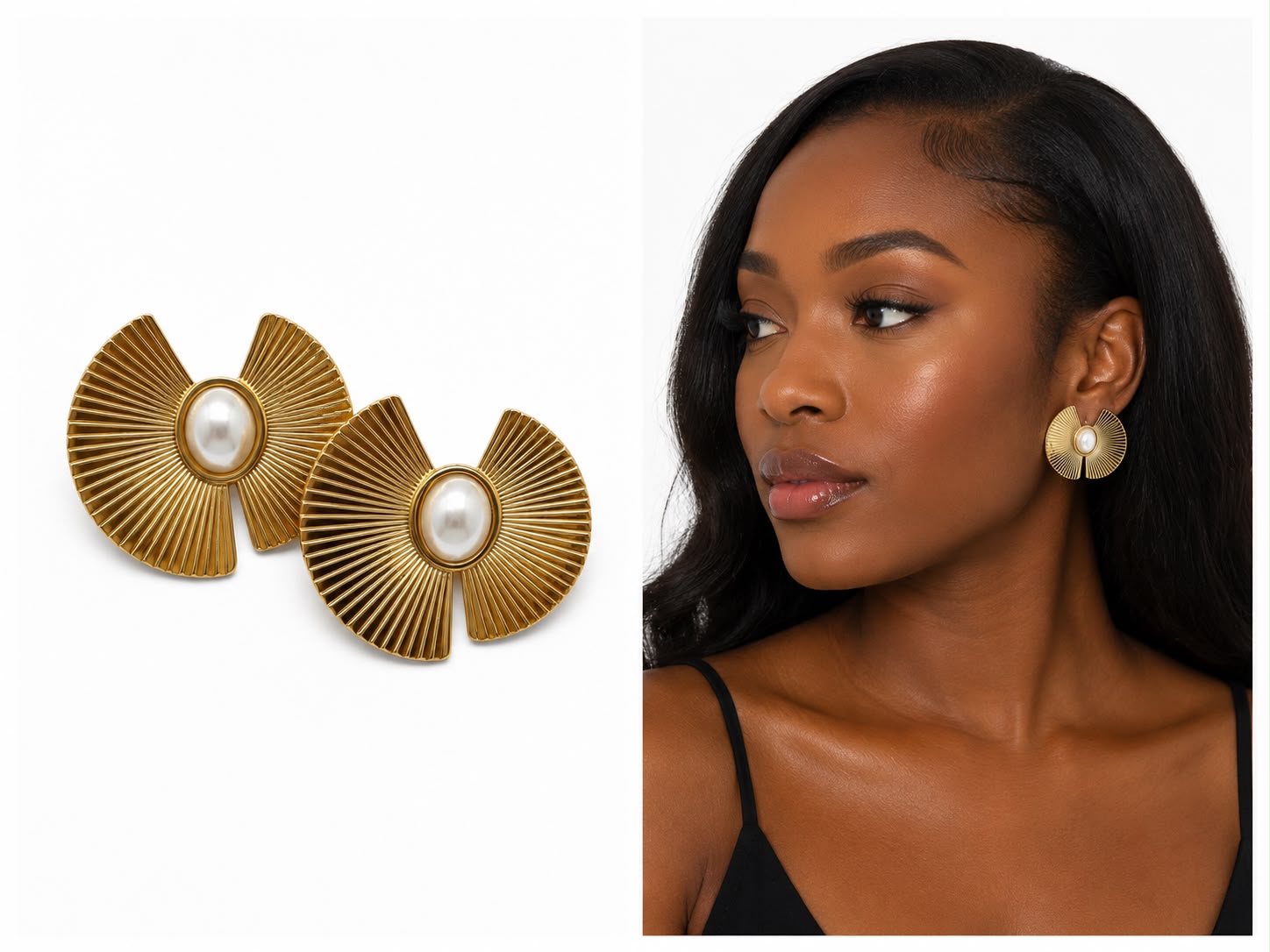 Gold Fan Pearl Earrings