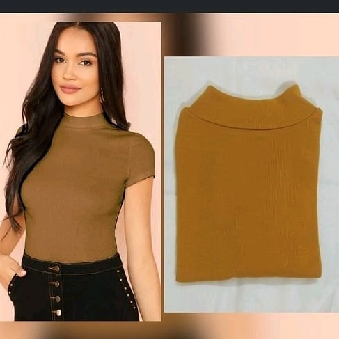 Mustard High-Neck Short Sleeve Top