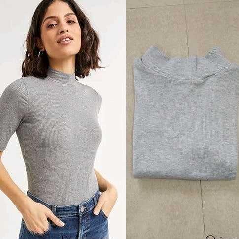 Grey Ribbed Mock Neck Top