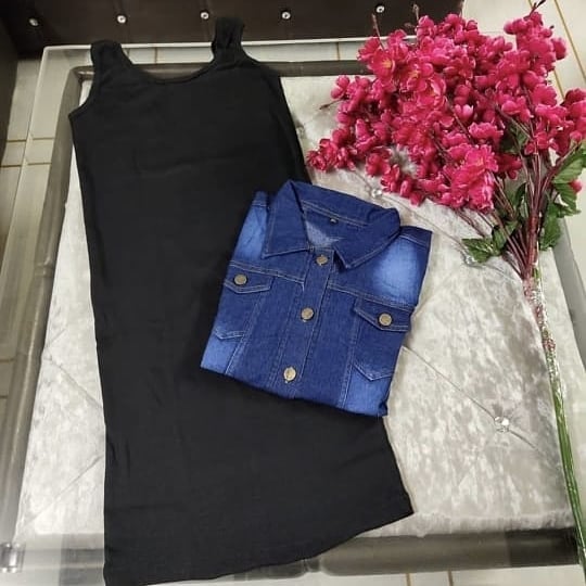 Black Sleeveless Dress with Denim Jacket