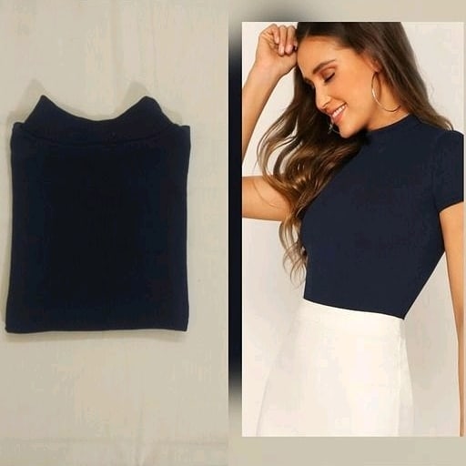 Navy Blue Short Sleeve Turtleneck Top