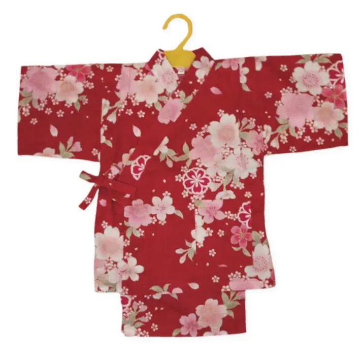 Girls' Jinbei Set | Japanese Kids Yukata Kimono | 100% Cotton | Red Sakura