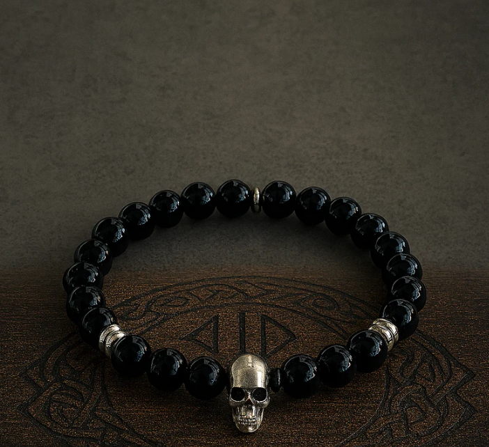 Black Beaded Skull Bracelet