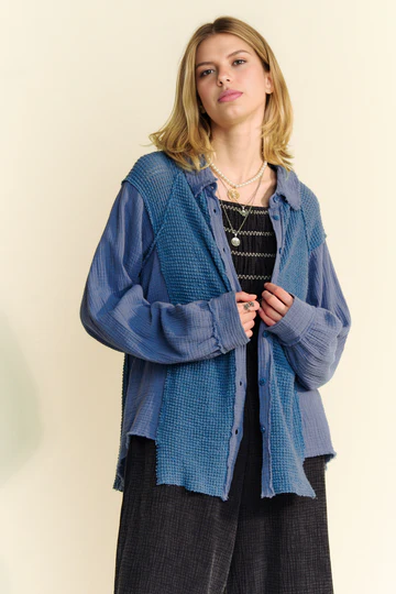 Blue textured button-up shirt