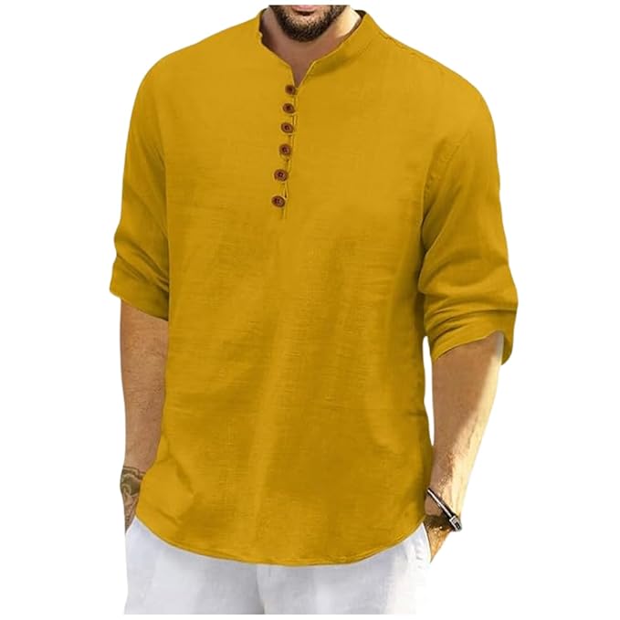 Men's Yellow Linen Henley Shirt