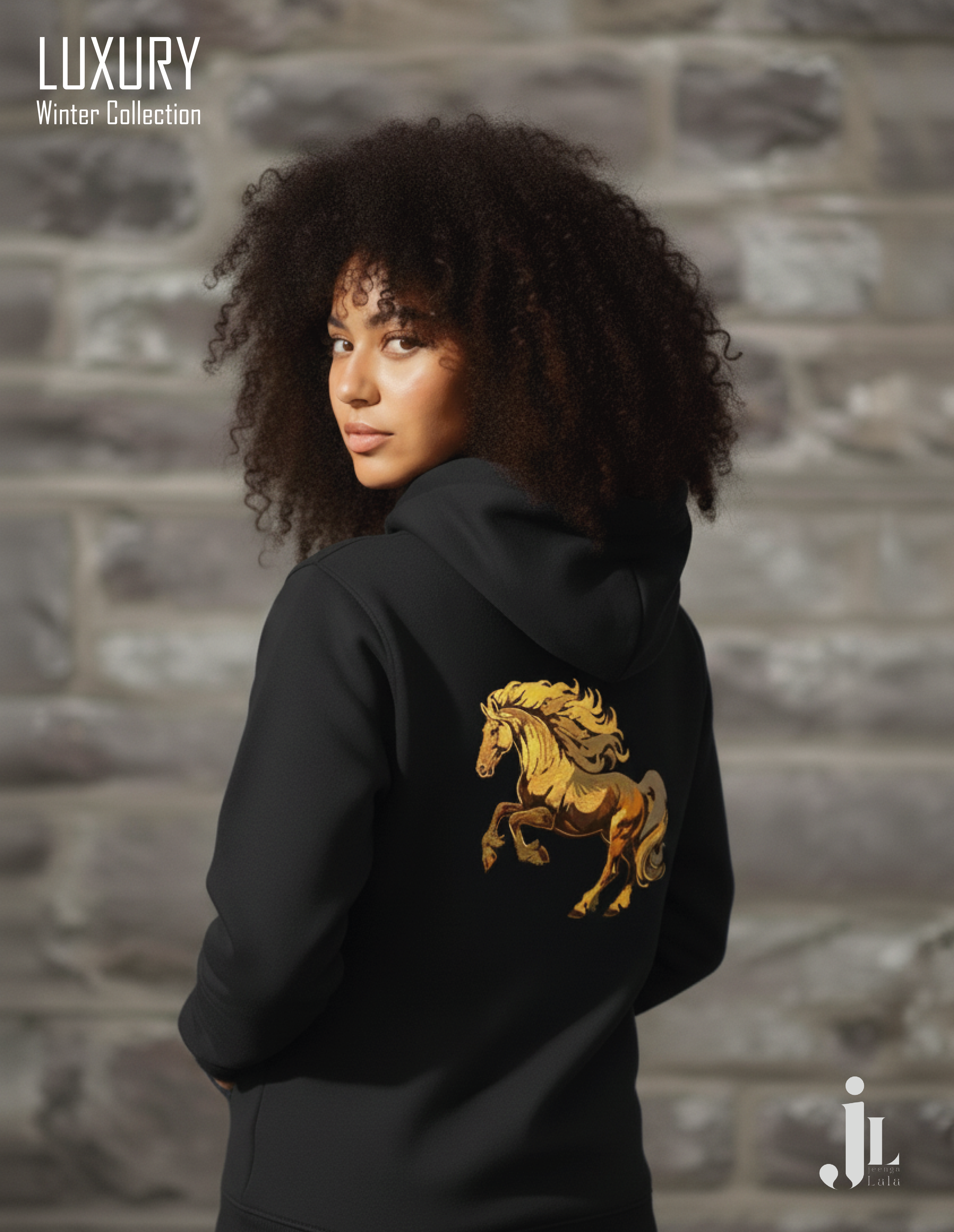 Black Hoodie with Golden Horse Print
