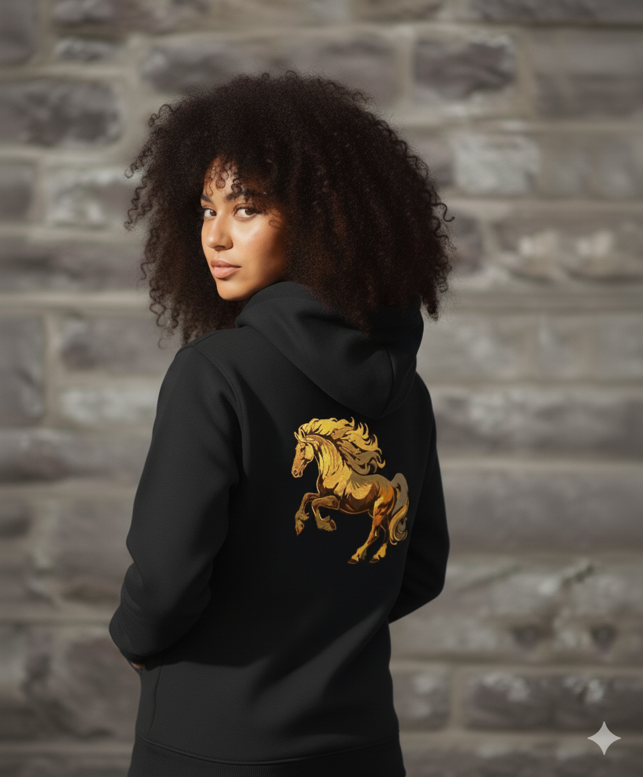 Black Hoodie with Golden Horse Print