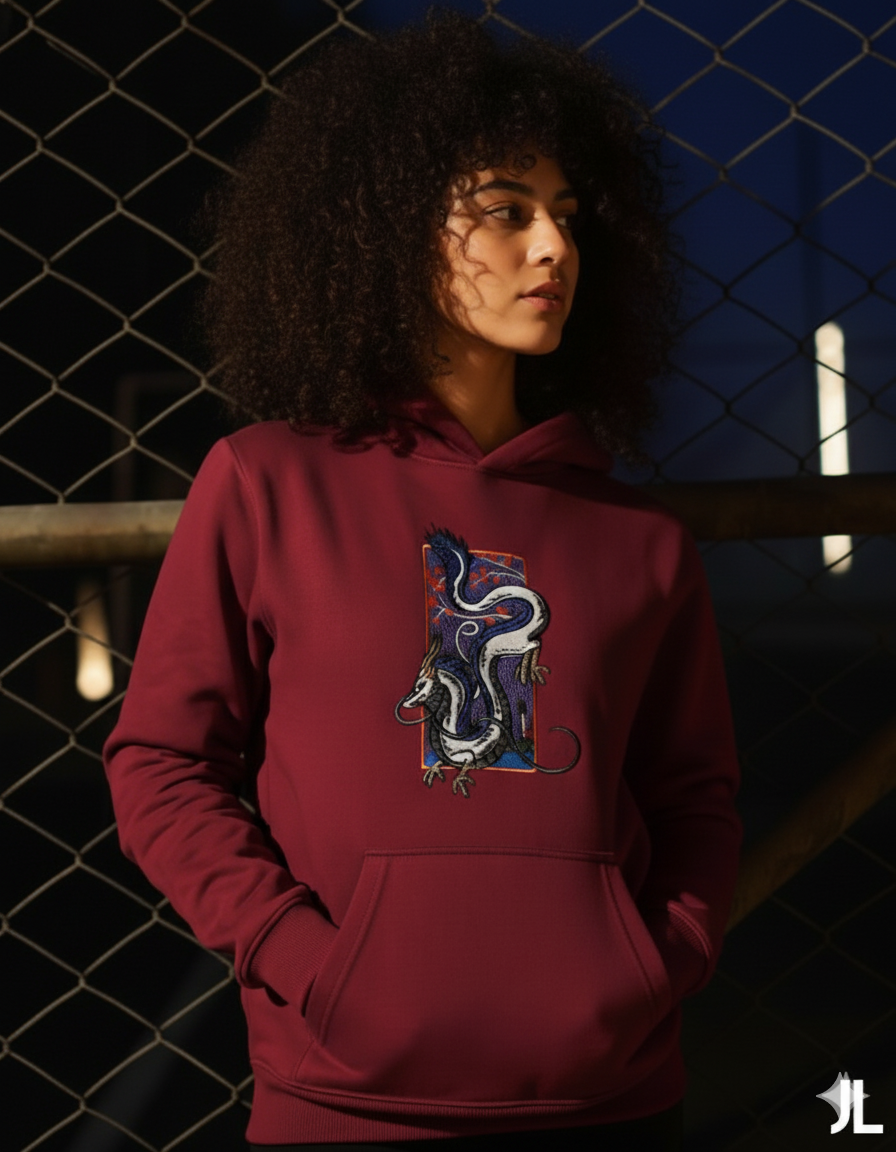 Burgundy Embroidered Dragon Hoodie