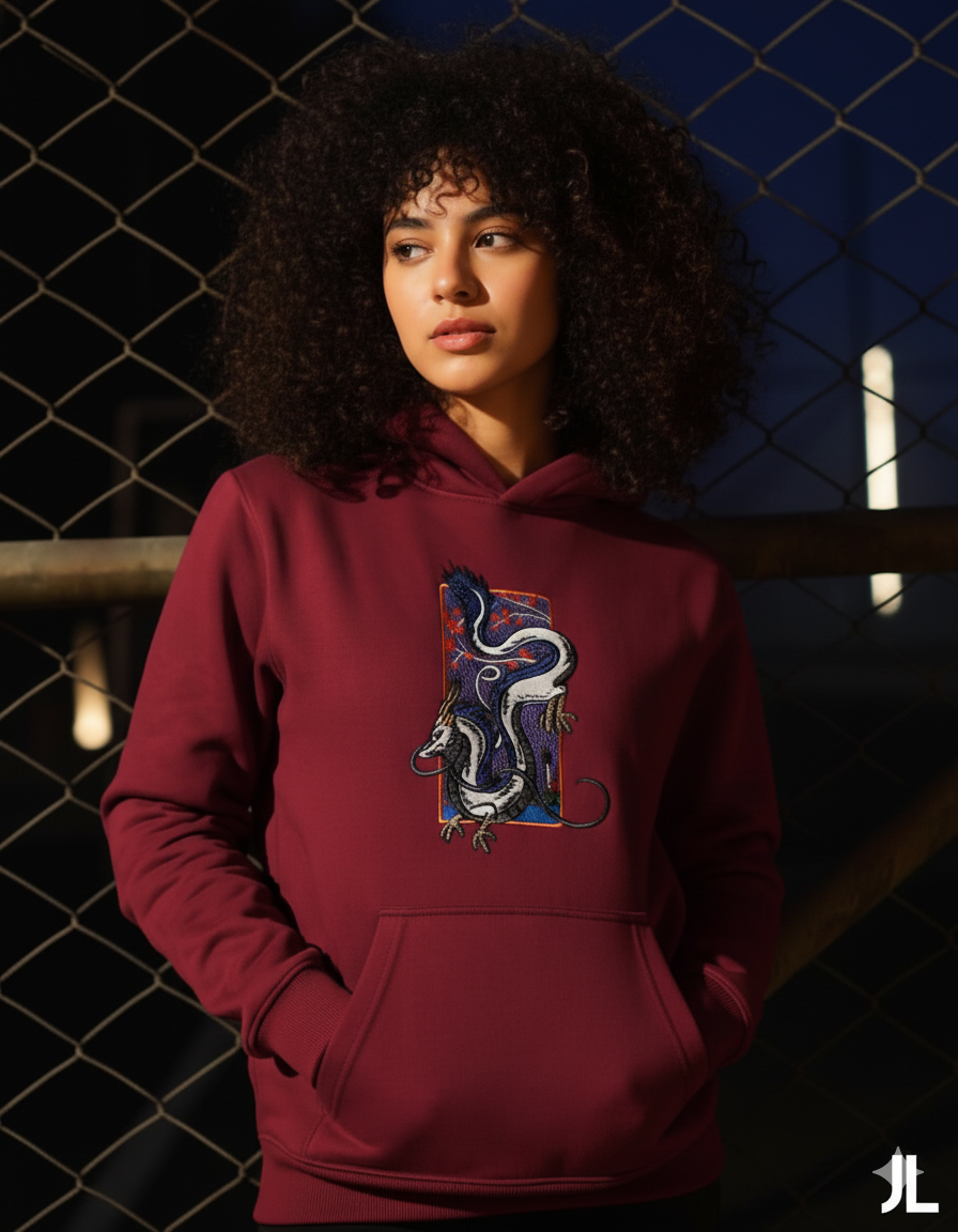 Burgundy Embroidered Dragon Hoodie