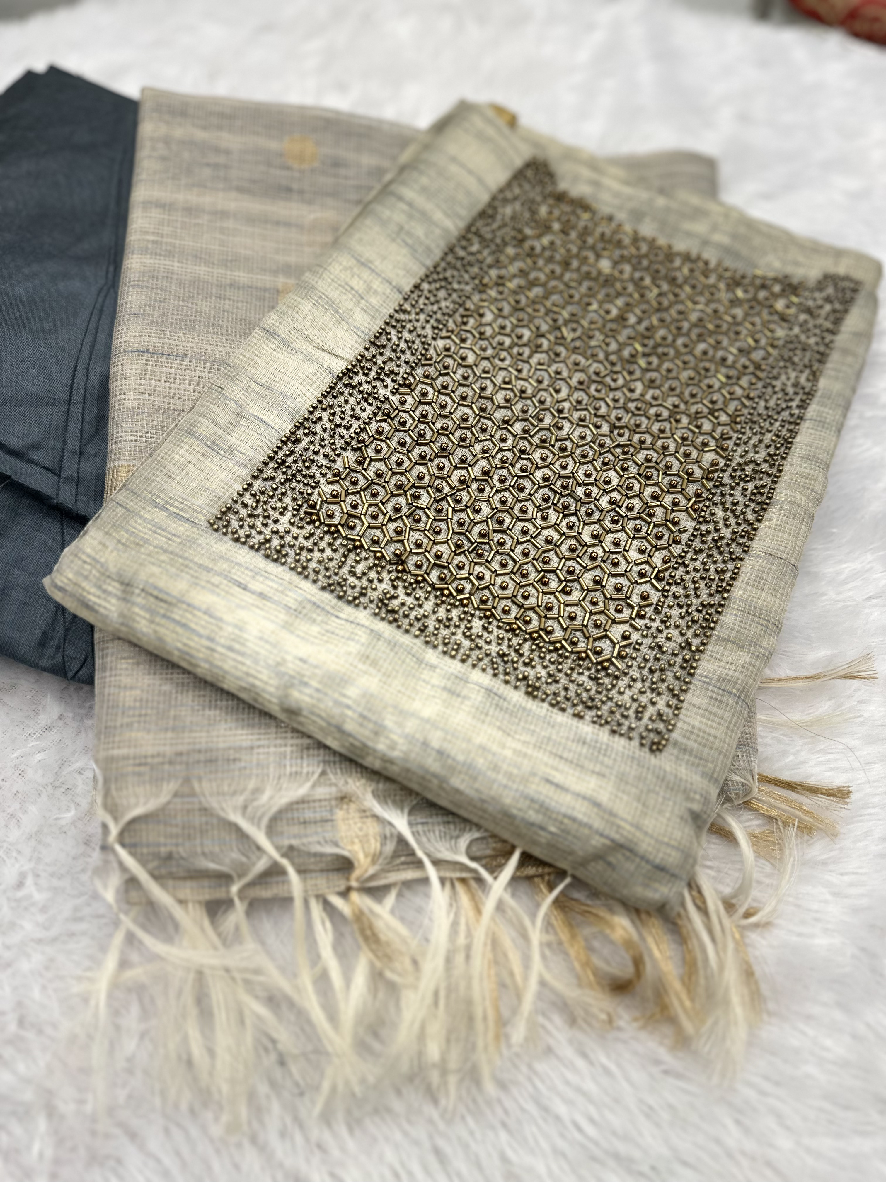 Elegant Handwoven Tissue Silk Unstitched 3-Piece Kurti Set – Beige & Black