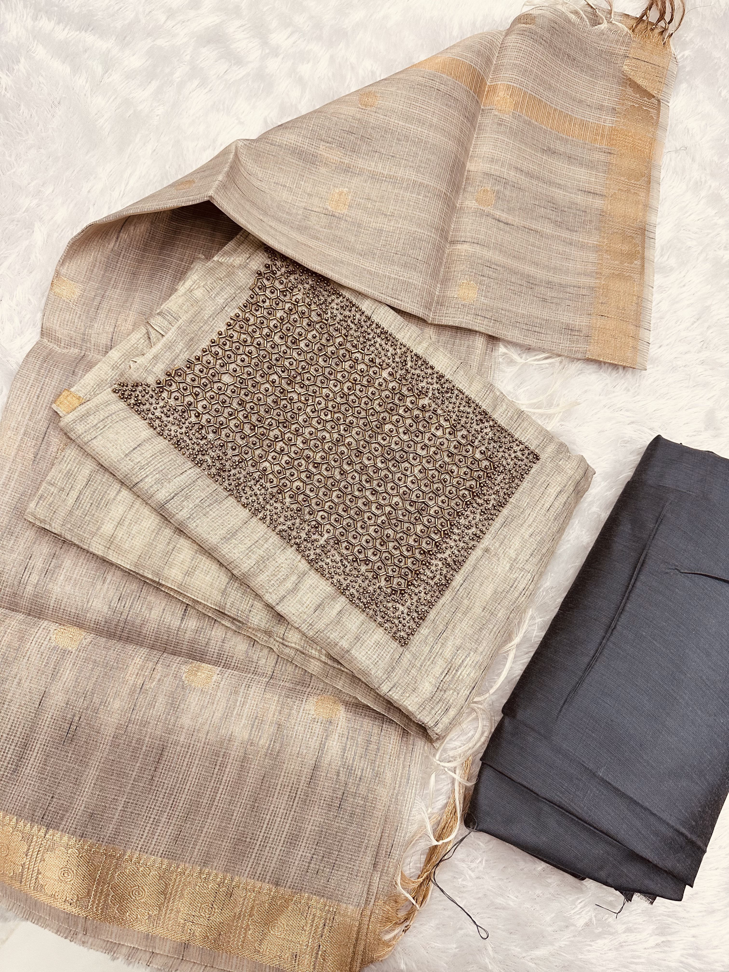 Elegant Handwoven Tissue Silk Unstitched 3-Piece Kurti Set – Beige & Black