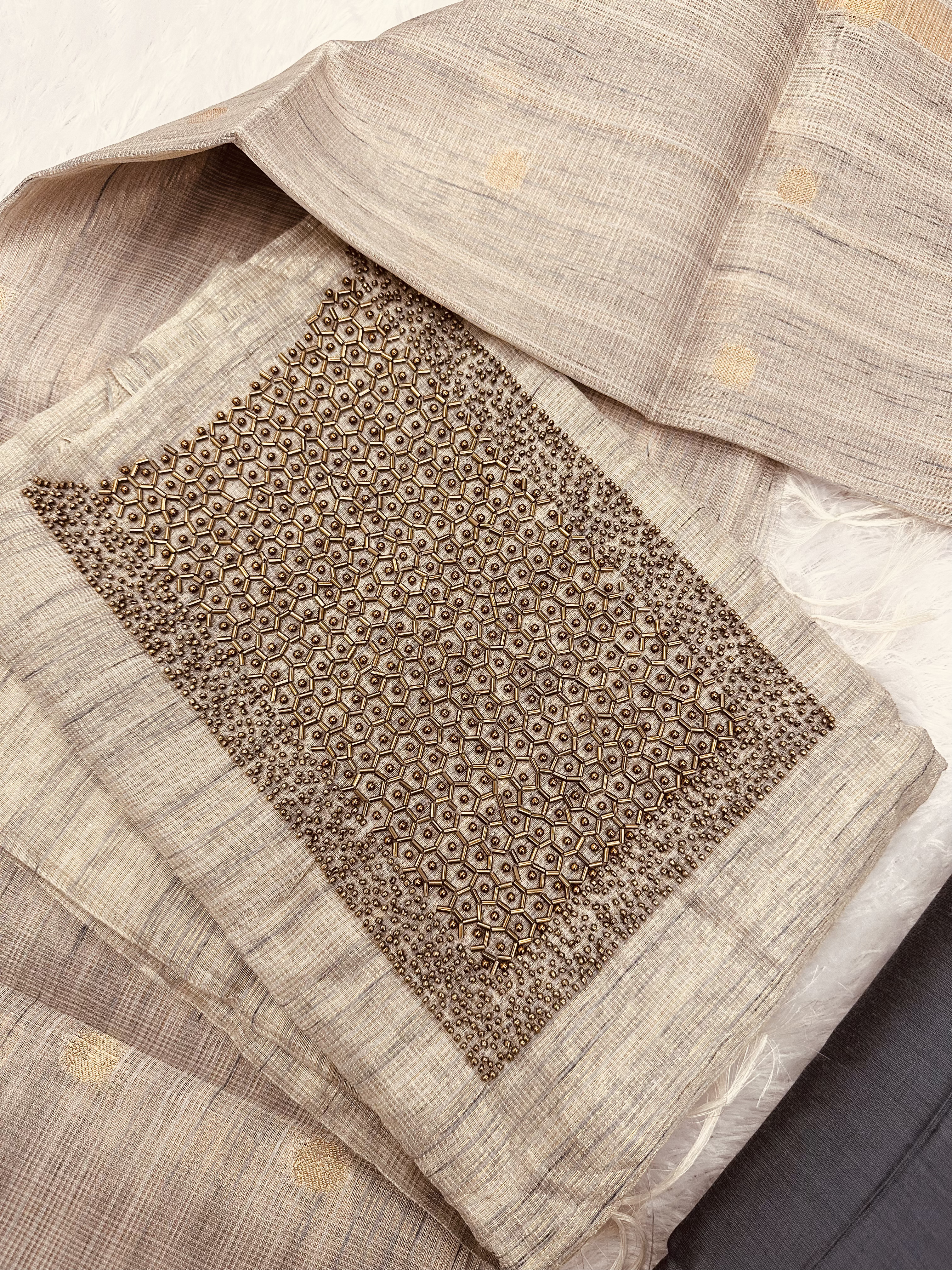 Elegant Handwoven Tissue Silk Unstitched 3-Piece Kurti Set – Beige & Black