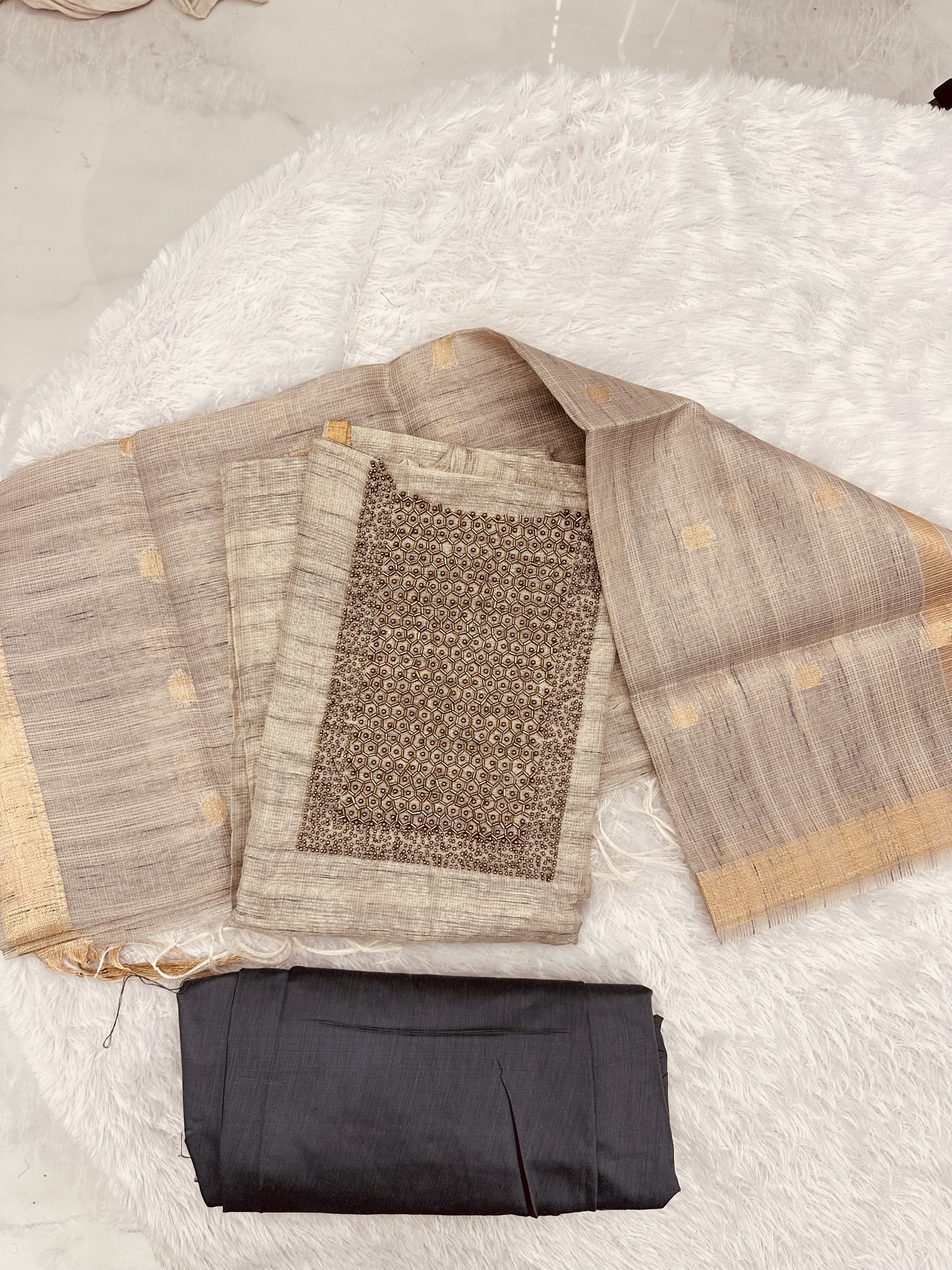 Elegant Handwoven Tissue Silk Unstitched 3-Piece Kurti Set – Beige & Black