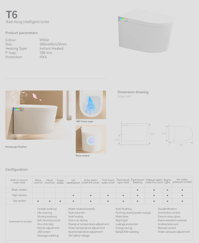 T6 Wall-hung intelligent toilet