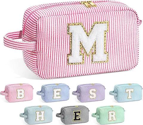 Monogrammed Striped Cosmetic Bag