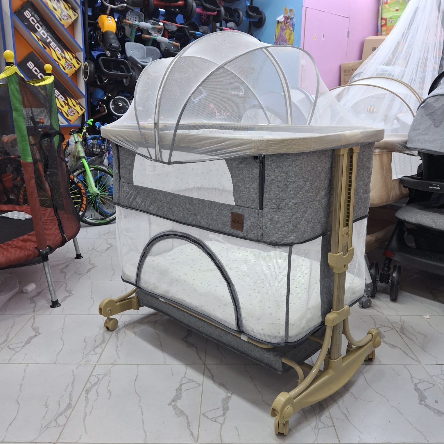 Adjustable Grey & Gold Mosquito‑Net Bedside Bassinet with Wheels – Multi‑Mode Newborn Crib & Sleeper