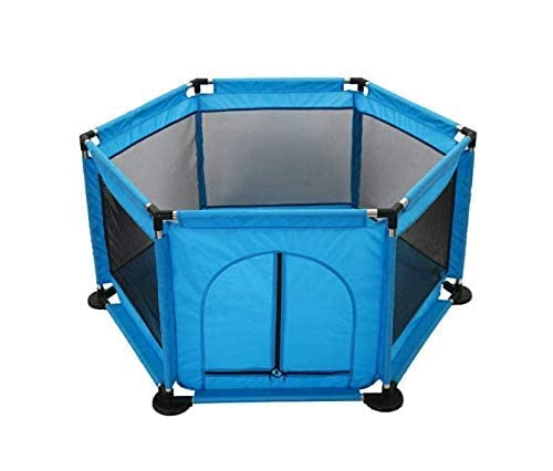 “Portable Blue Playpen for Babies & Toddlers – Hexagonal Play Yard with Mesh Sides & Zipper Door