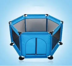 “Portable Blue Playpen for Babies & Toddlers – Hexagonal Play Yard with Mesh Sides & Zipper Door