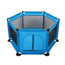 “Portable Blue Playpen for Babies & Toddlers – Hexagonal Play Yard with Mesh Sides & Zipper Door