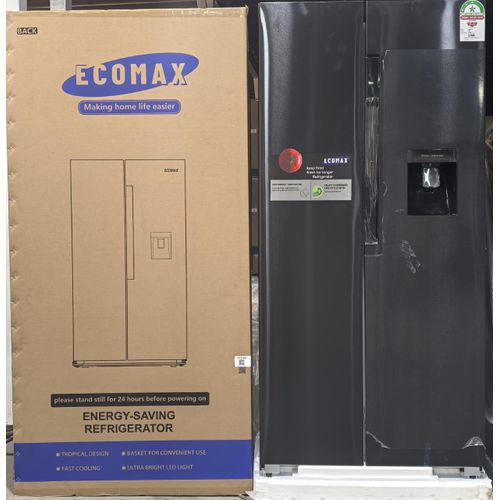 Ecomax 454 litres dark silver side by side with dispenser refrigerator.