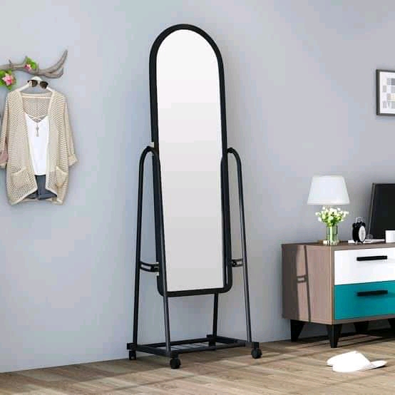 Black Full Length Dressing Mirror with Wheels and shoes Rack.