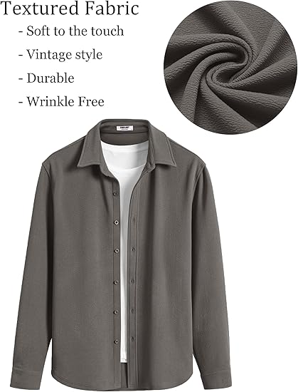 Men's Casual Button-Down Shirt Long Sleeve Lightweight Jacket Fashionable Textured Shirt