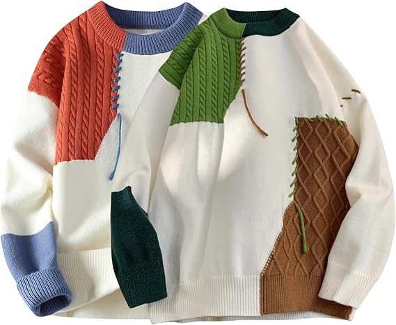 Men's patchwork sweater, colorblock thick-knit pullover, oversized
