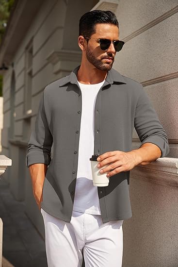 Men's Casual Button-Down Shirt Long Sleeve Lightweight Jacket Fashionable Textured Shirt