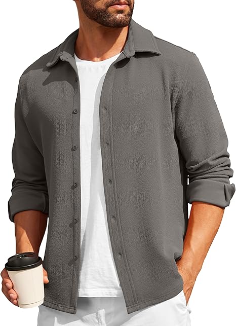 Men's Casual Button-Down Shirt Long Sleeve Lightweight Jacket Fashionable Textured Shirt