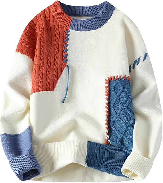 Men's patchwork sweater, colorblock thick-knit pullover, oversized