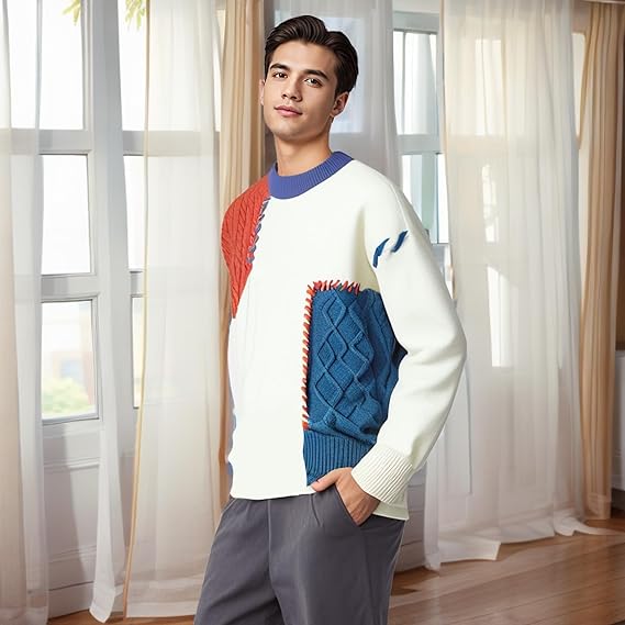 Men's patchwork sweater, colorblock thick-knit pullover, oversized