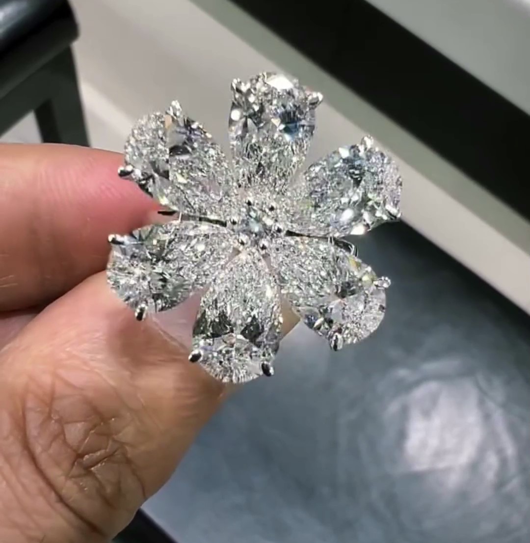 2 Carat(total 12ct) Pear Shape Diamond Flower Ring | Unique Cluster Design.